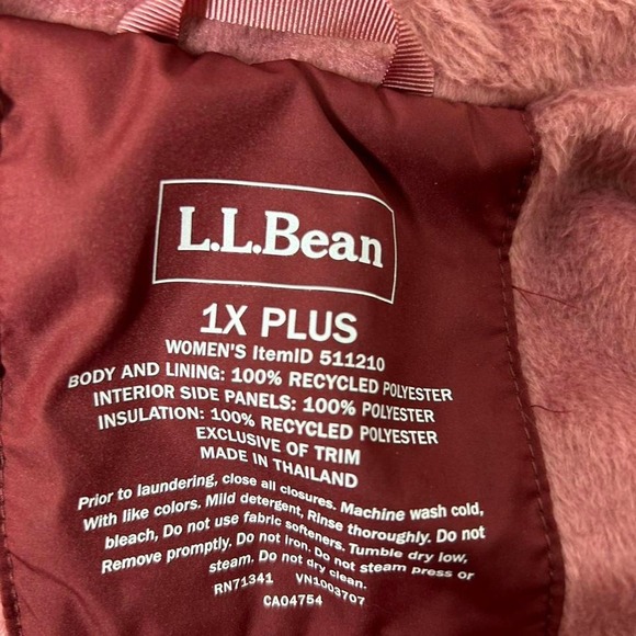 LL Bean Jacket Womens 1X Plus Burgundy Quilted PrimaLoft Fleece Lined Full Zip - Picture 5 of 6